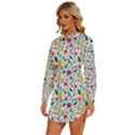 Background Pattern Leaves Pink Flowers Spring Yellow Leaves Womens Long Sleeve Shirt Dress View2