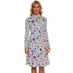 Background Pattern Leaves Pink Flowers Spring Yellow Leaves Long Sleeve Shirt Collar A-line Dress by Maspions