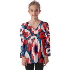 Red Poppies Flowers Art Nature Pattern Kids  V Neck Casual Top by Maspions