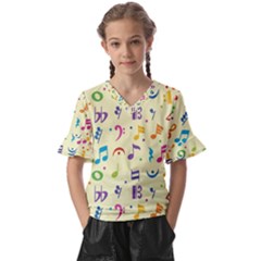 Seamless Pattern Musical Note Doodle Symbol Kids  V-neck Horn Sleeve Blouse by Apen