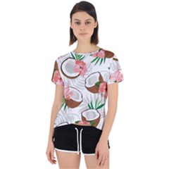 Seamless Pattern Coconut Piece Palm Leaves With Pink Hibiscus Open Back Sport T-shirt by Apen