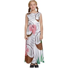 Seamless Pattern Coconut Piece Palm Leaves With Pink Hibiscus Kids  Satin Sleeveless Maxi Dress by Apen