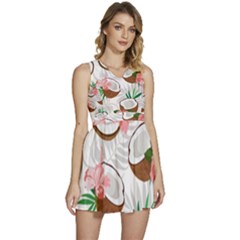 Seamless Pattern Coconut Piece Palm Leaves With Pink Hibiscus Sleeveless High Waist Mini Dress by Apen