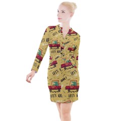 Childish Seamless Pattern With Dino Driver Button Long Sleeve Dress by Apen