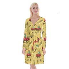 Childish Seamless Pattern With Dino Driver Long Sleeve Velvet Front Wrap Dress by Apen