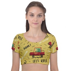 Childish Seamless Pattern With Dino Driver Velvet Short Sleeve Crop Top  by Apen