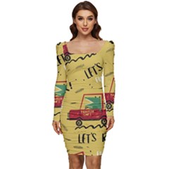 Childish Seamless Pattern With Dino Driver Women Long Sleeve Ruched Stretch Jersey Dress by Apen