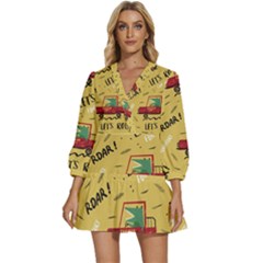 Childish Seamless Pattern With Dino Driver V-neck Placket Mini Dress by Apen