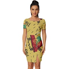 Childish Seamless Pattern With Dino Driver Fitted Knot Split End Bodycon Dress by Apen