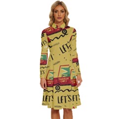 Childish Seamless Pattern With Dino Driver Long Sleeve Shirt Collar A-line Dress by Apen