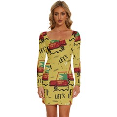 Childish Seamless Pattern With Dino Driver Long Sleeve Square Neck Bodycon Velvet Dress by Apen