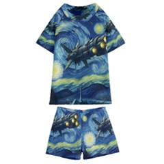 Spaceship Starry Night Van Gogh Painting Kids  Swim T-shirt And Shorts Set by Maspions