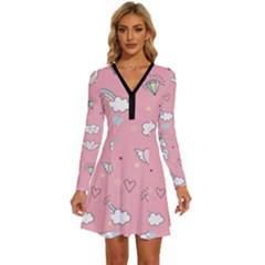 Cute Unicorn Seamless Pattern Long Sleeve Deep V Mini Dress  by Apen