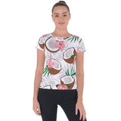 Seamless Pattern Coconut Piece Palm Leaves With Pink Hibiscus Short Sleeve Sports Top  by Apen