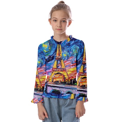 Eiffel Tower Starry Night Print Van Gogh Kids  Frill Detail T-shirt by Maspions