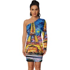 Eiffel Tower Starry Night Print Van Gogh Long Sleeve One Shoulder Mini Dress by Maspions