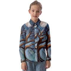 Tree Branches Mystical Moon Expressionist Oil Painting Acrylic Painting Abstract Nature Moonlight Ni Kids  Long Sleeve Shirt by Maspions