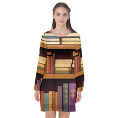 Book Nook Books Bookshelves Comfortable Cozy Literature Library Study Reading Room Fiction Entertain Long Sleeve Chiffon Shift Dress  by Maspions