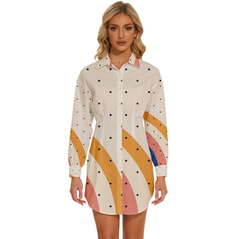 Abstract Geometric Bauhaus Polka Dots Retro Memphis Rainbow Womens Long Sleeve Shirt Dress by Maspions