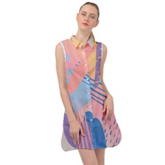 Abstract Lines Dots Pattern Purple Pink Blue Sleeveless Shirt Dress by Maspions