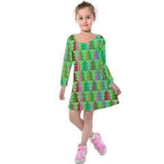 Trees Pattern Retro Pink Red Yellow Holidays Advent Christmas Kids  Long Sleeve Velvet Dress by Maspions