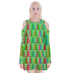 Trees Pattern Retro Pink Red Yellow Holidays Advent Christmas Velvet Long Sleeve Shoulder Cutout Dress by Maspions