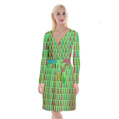 Trees Pattern Retro Pink Red Yellow Holidays Advent Christmas Long Sleeve Velvet Front Wrap Dress by Maspions