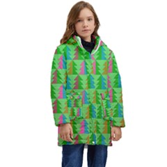 Trees Pattern Retro Pink Red Yellow Holidays Advent Christmas Kids  Hooded Longline Puffer Jacket by Maspions