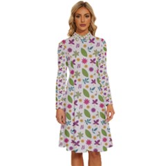 Pattern Flowers Leaves Green Purple Pink Long Sleeve Shirt Collar A-line Dress by Maspions