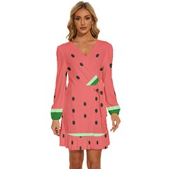 Watermelon Melon Fruit Healthy Food Meal Breakfast Lunch Juice Lemonade Summer Long Sleeve Waist Tie Ruffle Velvet Dress by Maspions