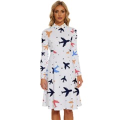 Airplane Pattern Plane Aircraft Fabric Style Simple Seamless Long Sleeve Shirt Collar A-line Dress by Bedest