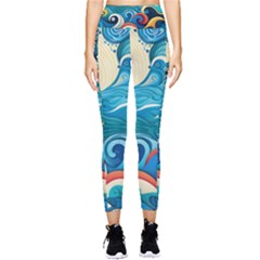 Waves Ocean Sea Abstract Whimsical Abstract Art Pattern Abstract Pattern Water Nature Moon Full Moon Pocket Leggings  by Bedest