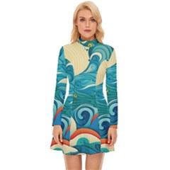 Waves Ocean Sea Abstract Whimsical Abstract Art Pattern Abstract Pattern Water Nature Moon Full Moon Long Sleeve Velour Longline Dress by Bedest