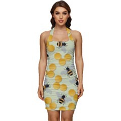 Bees Pattern Honey Bee Bug Honeycomb Honey Beehive Sleeveless Wide Square Neckline Ruched Bodycon Dress by Bedest