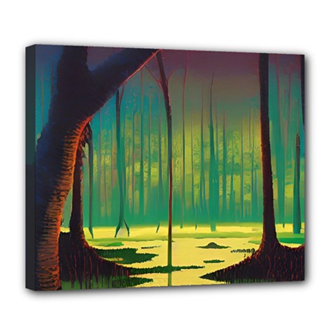 Nature Swamp Water Sunset Spooky Night Reflections Bayou Lake Deluxe Canvas 24  X 20  (stretched) by Posterlux