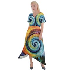 Cosmic Rainbow Quilt Artistic Swirl Spiral Forest Silhouette Fantasy Cross Front Sharkbite Hem Maxi Dress by Maspions