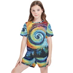 Cosmic Rainbow Quilt Artistic Swirl Spiral Forest Silhouette Fantasy Kids  T-shirt And Sports Shorts Set by Maspions