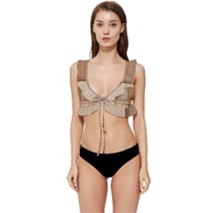 Wooden Wickerwork Texture Square Pattern Low Cut Ruffle Edge Bikini Top