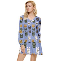 Cat Cat Background Animals Little Cat Pets Kittens Tiered Long Sleeve Mini Dress by Maspions