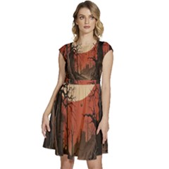 Comic Gothic Macabre Vampire Haunted Red Sky Cap Sleeve High Waist Dress