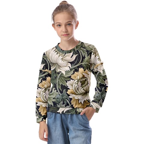 Flower Blossom Bloom Botanical Spring Nature Floral Pattern Leaves Kids  Long Sleeve T-shirt With Frill  by Maspions