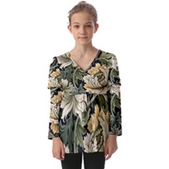 Flower Blossom Bloom Botanical Spring Nature Floral Pattern Leaves Kids  V Neck Casual Top by Maspions