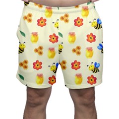 Seamless Honey Bee Texture Flowers Nature Leaves Honeycomb Hive Beekeeping Watercolor Pattern Men s Shorts by Maspions