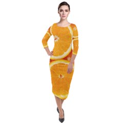 Oranges Textures, Close-up, Tropical Fruits, Citrus Fruits, Fruits Quarter Sleeve Midi Velour Bodycon Dress by nateshop