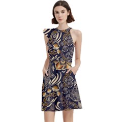 Paisley Texture, Floral Ornament Texture Cocktail Party Halter Sleeveless Dress With Pockets by nateshop