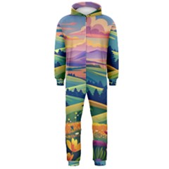 Field Valley Nature Meadows Flowers Dawn Landscape Hooded Jumpsuit (men) by Maspions