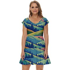 Field Valley Nature Meadows Flowers Dawn Landscape Short Sleeve Tiered Mini Dress by Maspions