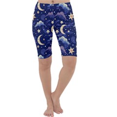 Night Moon Seamless Background Stars Sky Clouds Texture Pattern Cropped Leggings  by Maspions