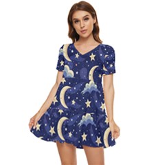 Night Moon Seamless Background Stars Sky Clouds Texture Pattern Tiered Short Sleeve Babydoll Dress by Maspions