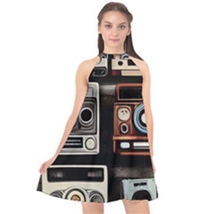 Retro Cameras Old Vintage Antique Technology Wallpaper Retrospective Halter Neckline Chiffon Dress  by Grandong